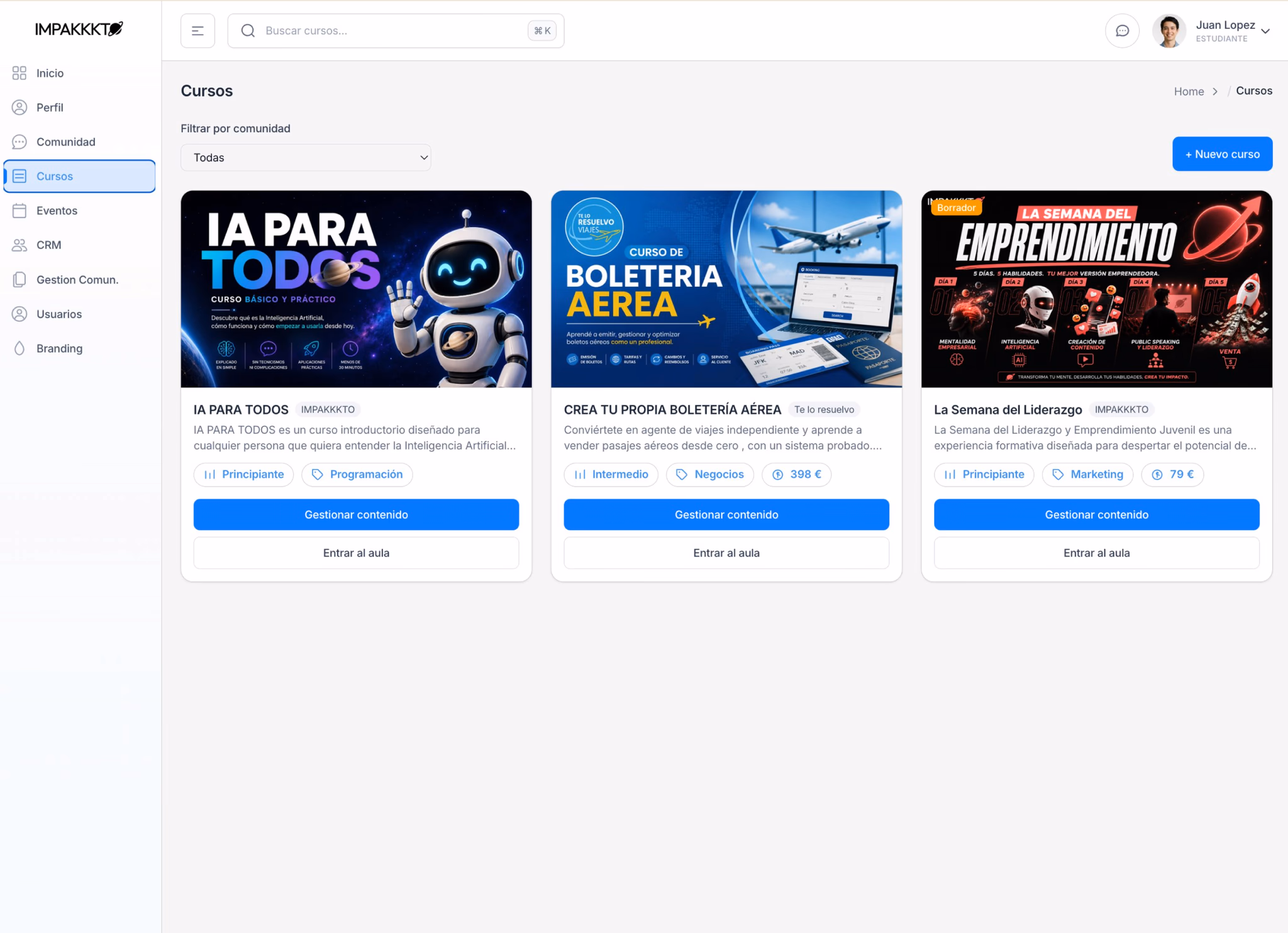Panel de IMPAKKKTO con el listado de cursos de una comunidad